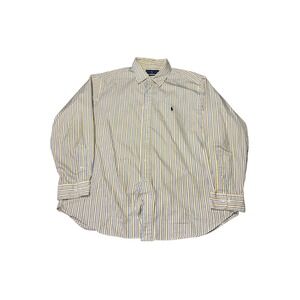 Ralph Lauren Classic Fit Mens 17.5 34/35 Yellow Navy Blue Striped Cotton Shirt